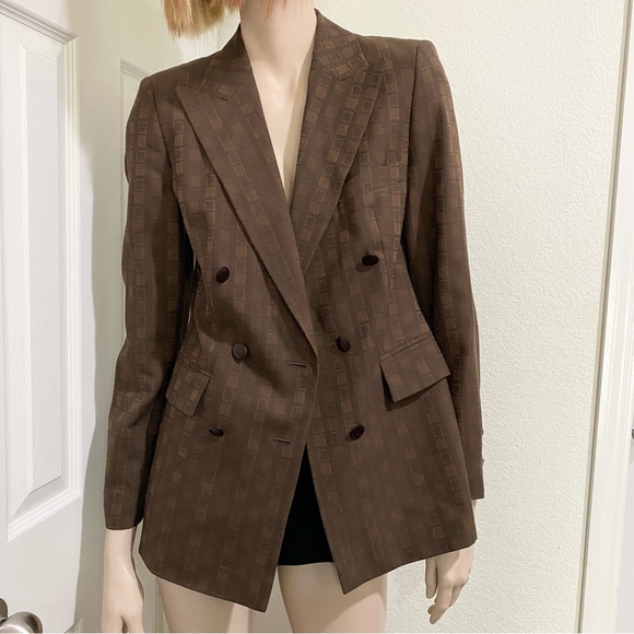 Rare Vintage ESCADA Wool Blend Double Breasted Square Print Brown Blazer Size 34 - Picture 2 of 16